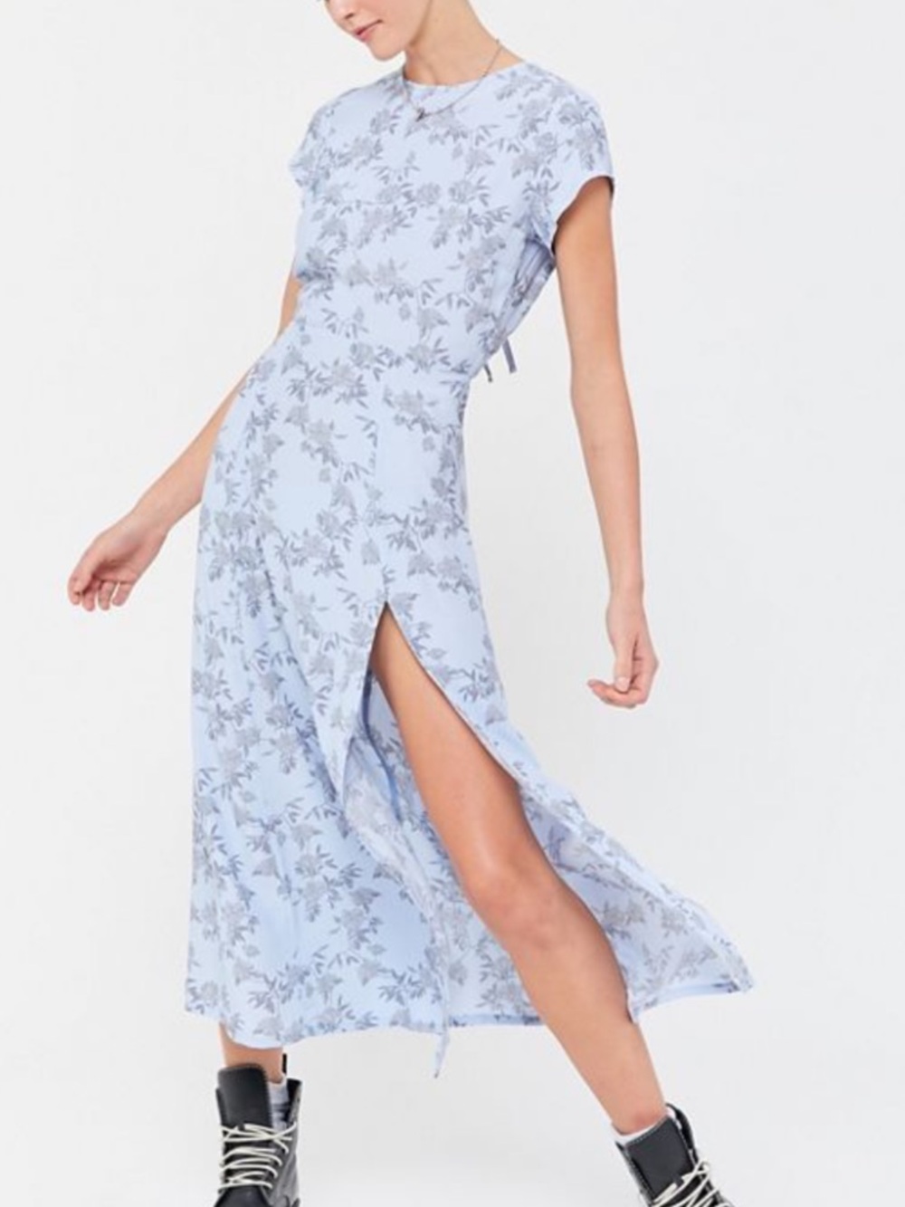 Urban Outfitters Light Blue Floral Midi Dress with Side Slit